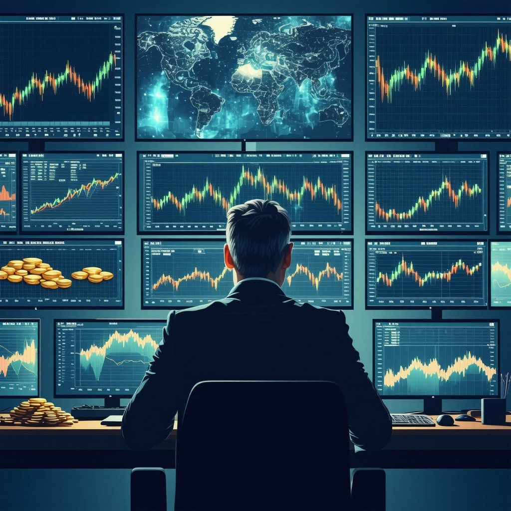 Sophisticated investor examining gold ETFs, royalty stocks, and economic indicators on multiple monitors