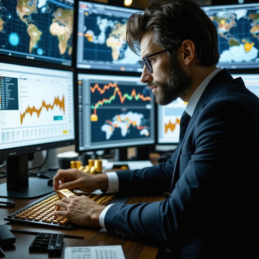 Investor analyzing gold bar investment strategy with economic charts and digital verification tools