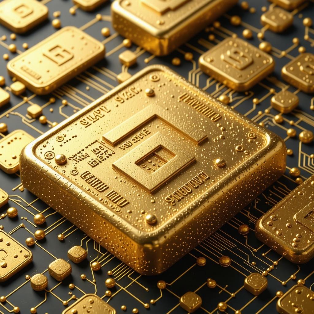 Futuristic digital gold trading platform with blockchain technology and user interface