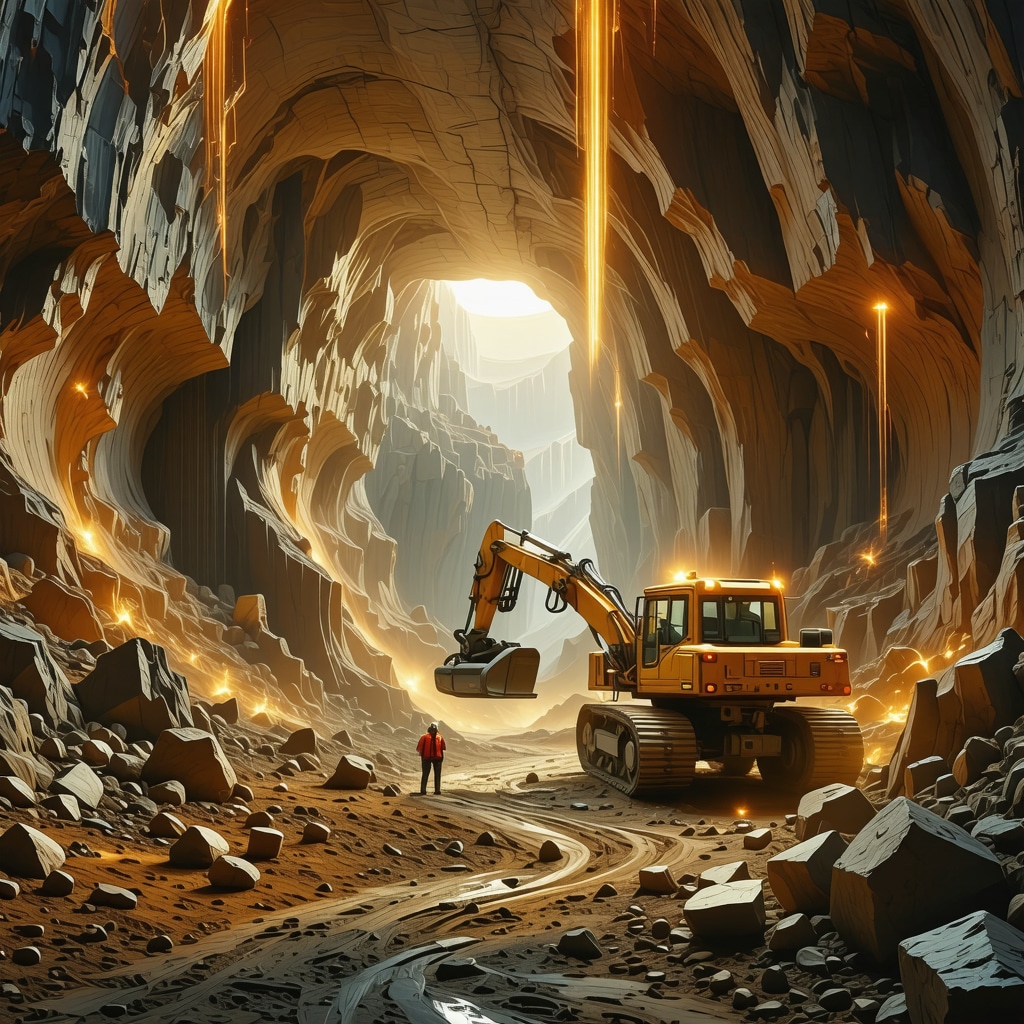 High-tech robotic gold mining machinery operating underground with AI systems.