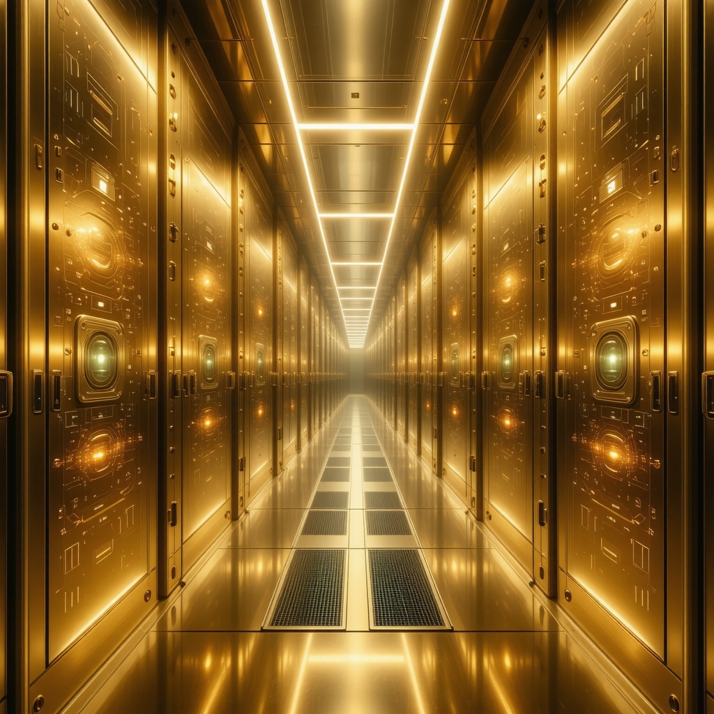 Futuristic gold vault featuring blockchain and biometric security systems