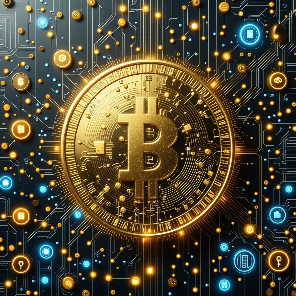 Futuristic gold coin with blockchain verification hologram and secure vault background