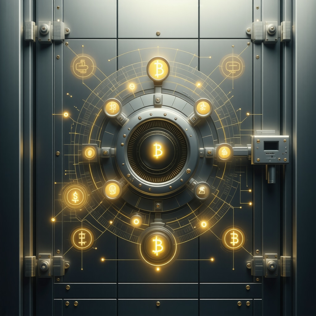 A modern, biometric-secured vault with blockchain security icons.