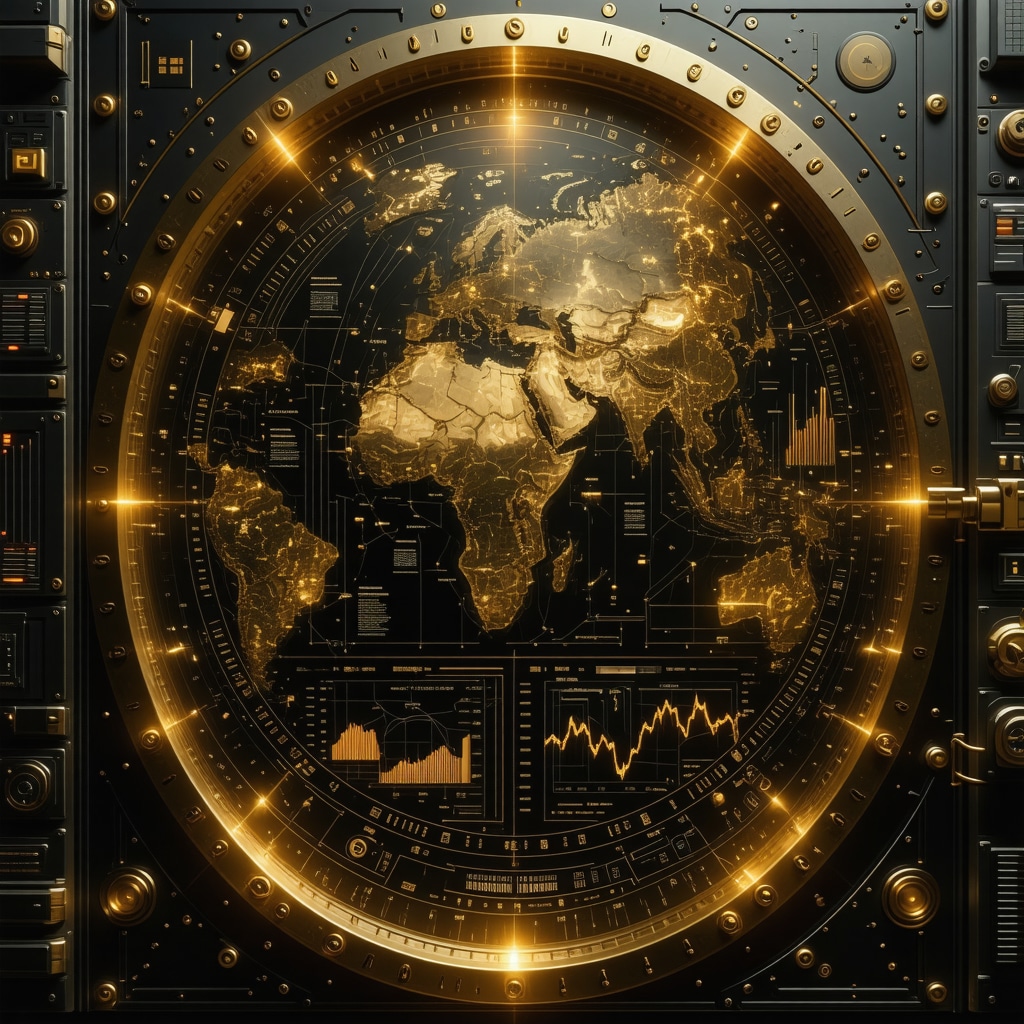 Futuristic gold vault with digital security and AI analysis tools