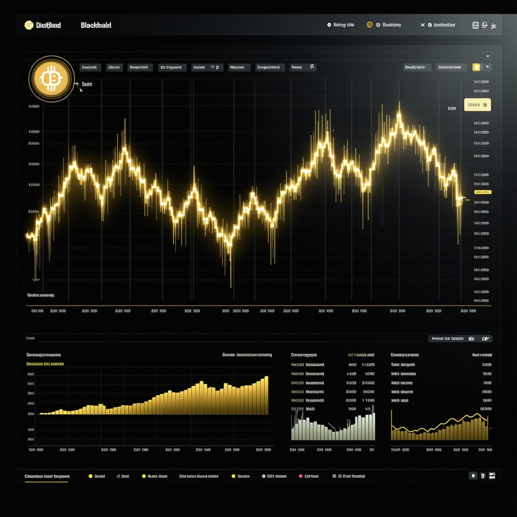 Futuristic digital gold trading interface with AI algorithms and blockchain symbols