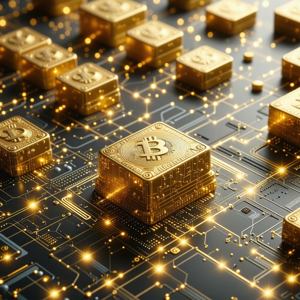 Futuristic gold trading platform with blockchain and digital interfaces