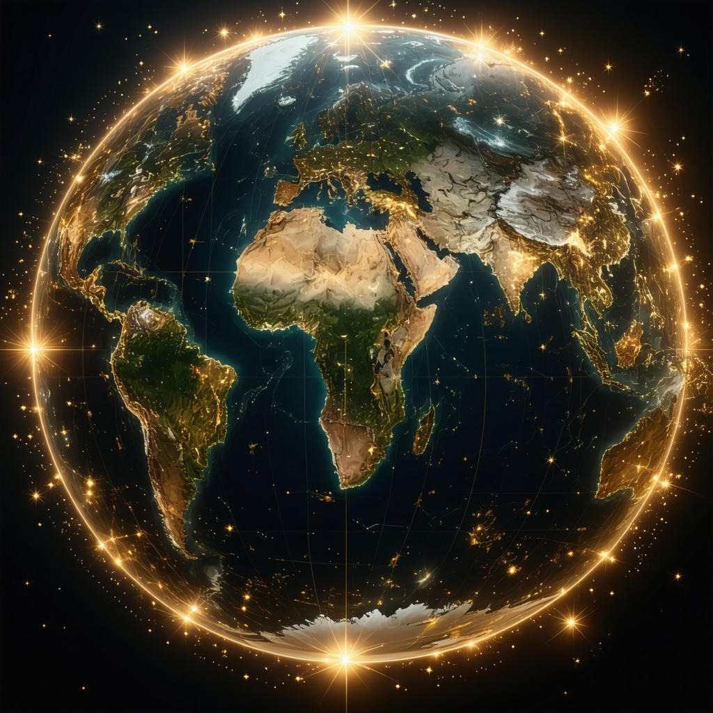 Futuristic quantum computer analyzing global gold market data with geopolitical overlays