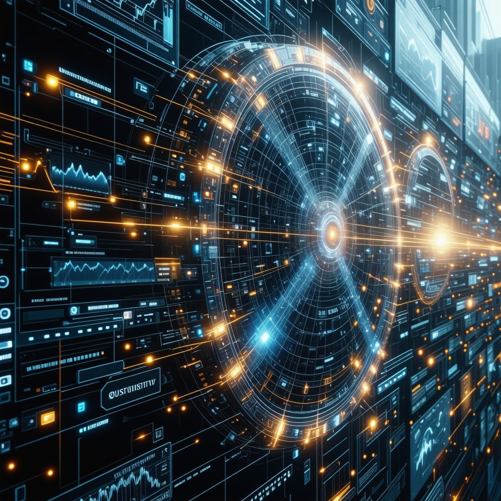 Futuristic quantum computer analyzing financial data with big data visualization