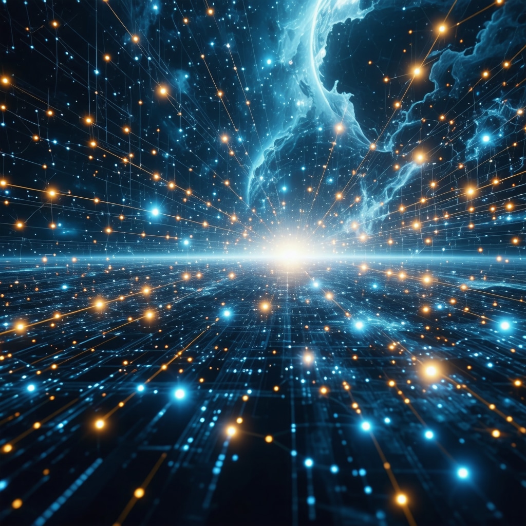 Illustration of quantum computer and blockchain network analyzing gold market data.