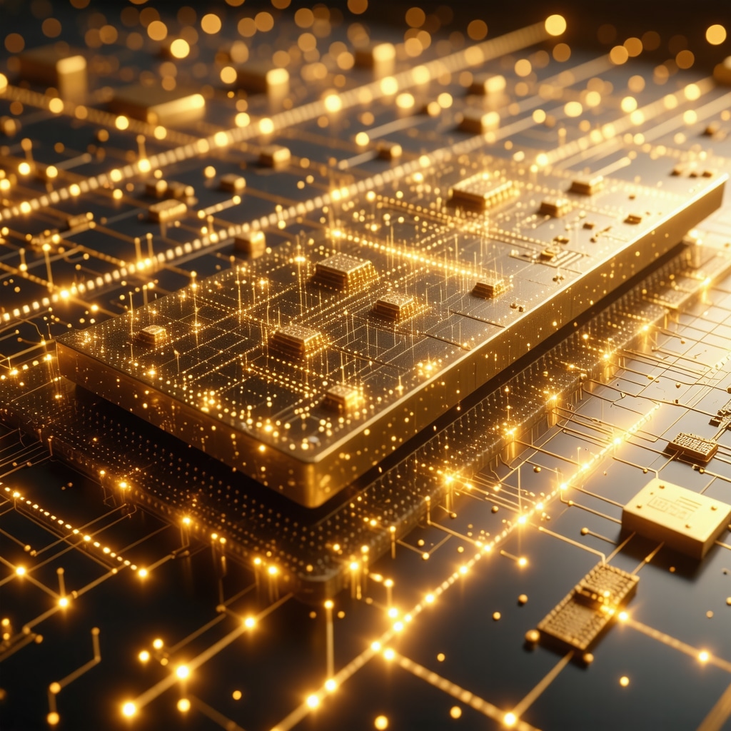 Futuristic quantum computer analyzing gold market data with blockchain overlay