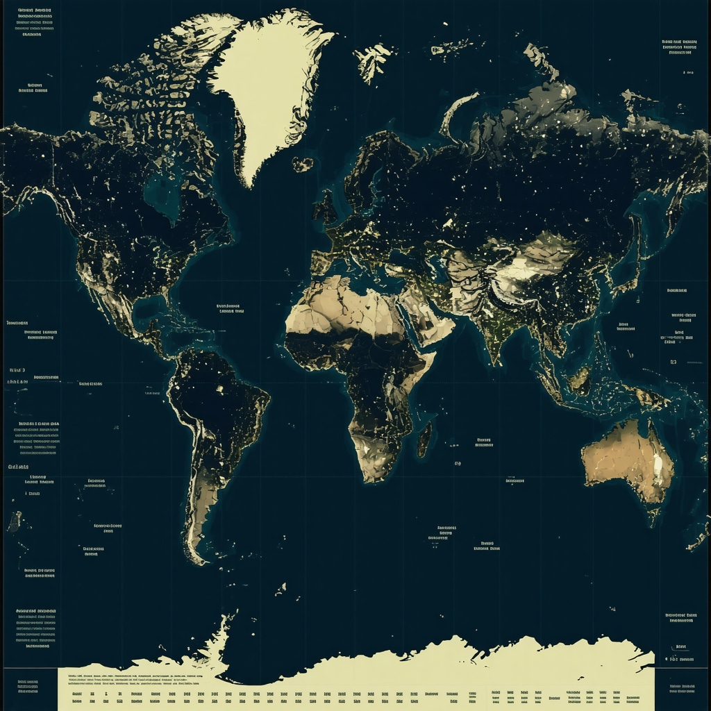 Futuristic dashboard showing quantum computing, geopolitical maps, and financial data