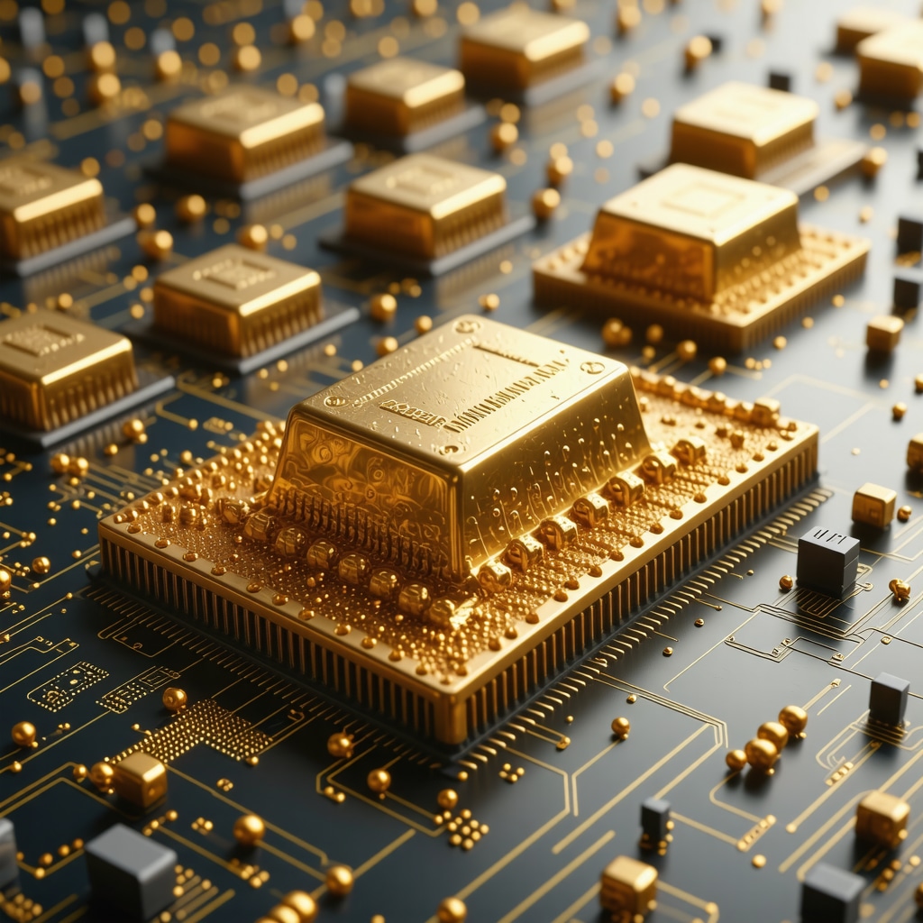 Futuristic quantum computer analyzing gold market data