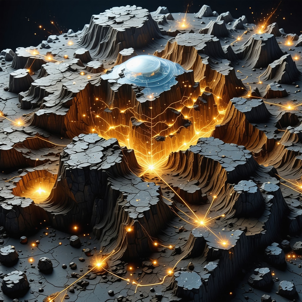 Illustration of a quantum computer analyzing geological data for gold mining