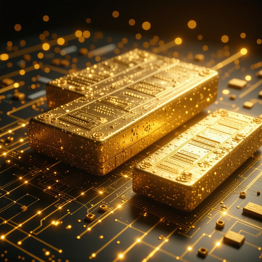 Futuristic digital gold trading platform with blockchain and global data visualization