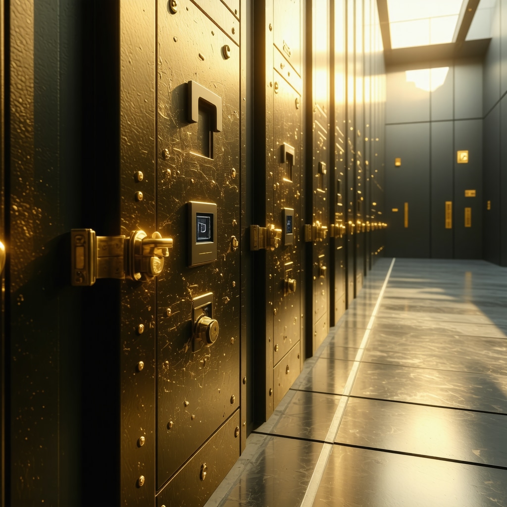 Illustration of blockchain technology securing gold storage with biometric vaults