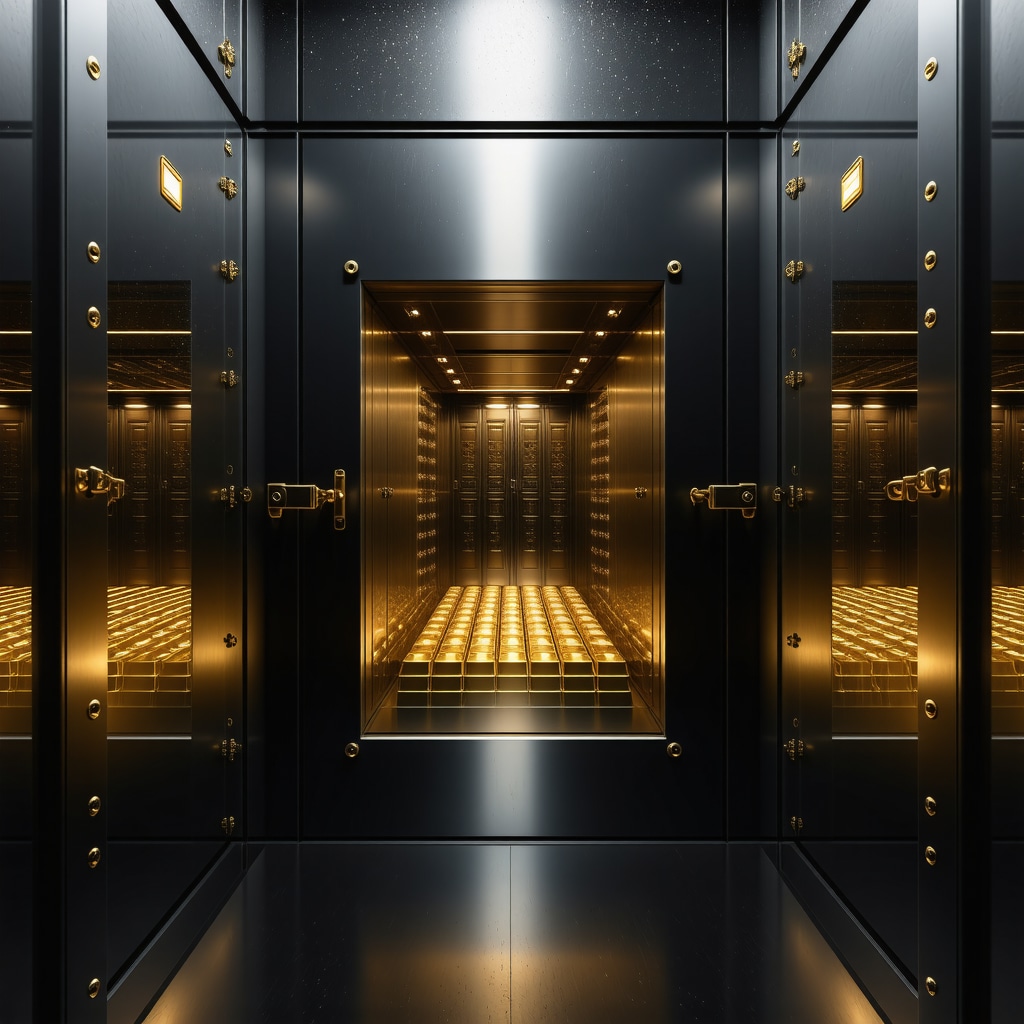 A modern gold vault with digital security features and gold bars inside.