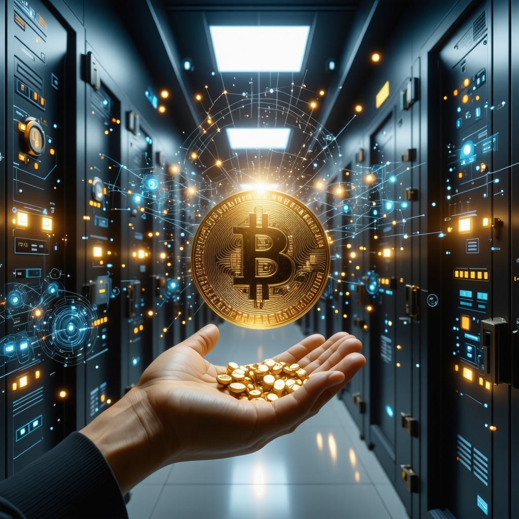 Digital gold token floating above a secure vault with blockchain visuals representing tokenized gold security