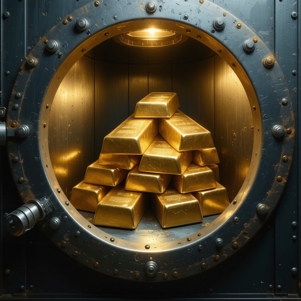 High-tech vault interior with neatly stacked gold bars