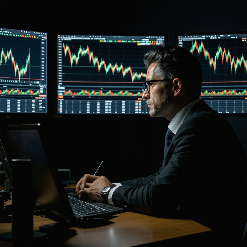 Financial analyst reviewing gold and stock market data with multiple screens