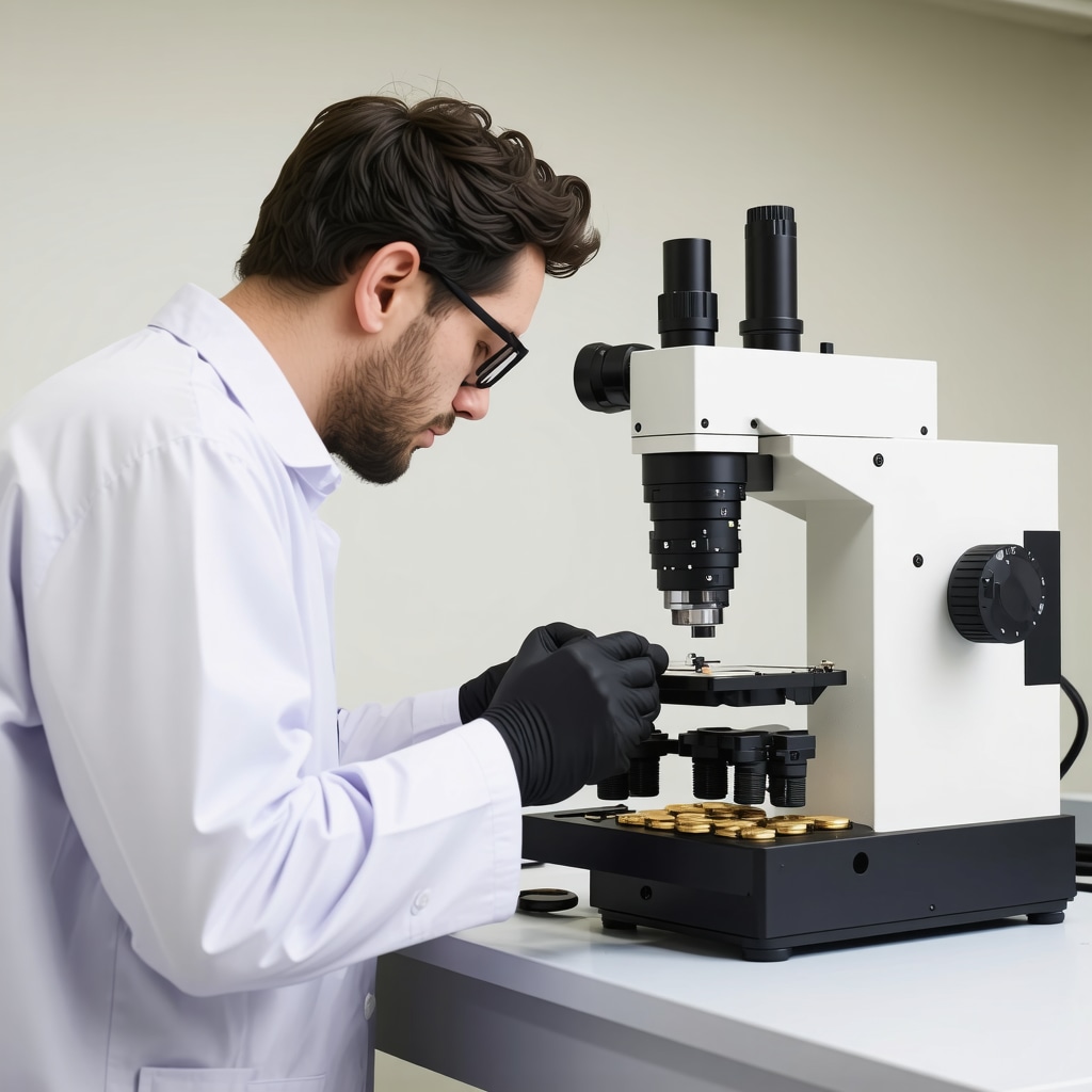 Spectral analysis device used to verify the authenticity of gold coins in a lab setting.