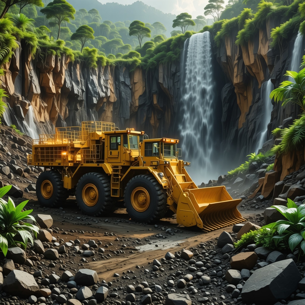 Futuristic gold mining operation with AI machinery and blockchain digital overlays representing sustainable mining and tokenized gold assets in 2026