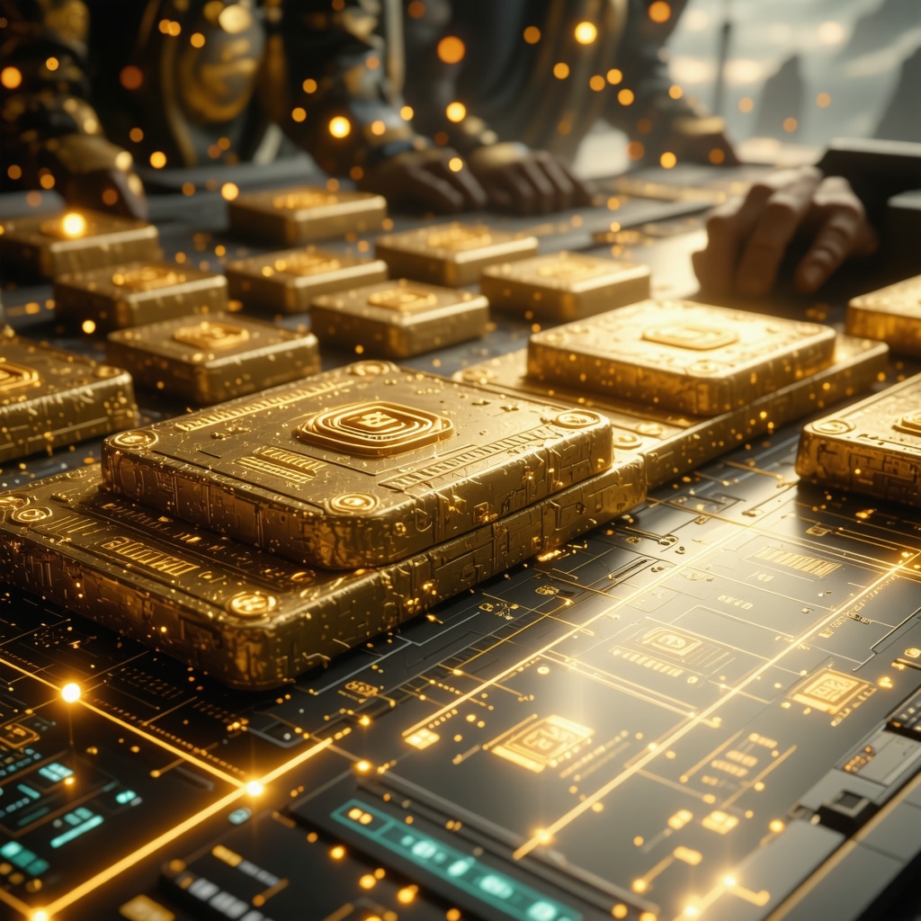 Futuristic illustration of digital gold trading and blockchain technology