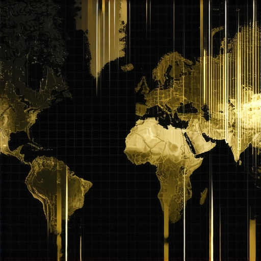Futuristic digital interface showing gold market trends and geopolitical risk indicators