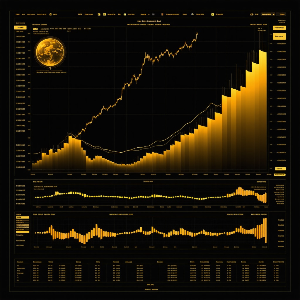 A high-tech digital dashboard displaying real-time gold price predictions and market indicators