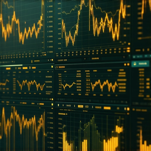 Digital dashboard with charts and indicators showing gold market analysis and geopolitical risks.