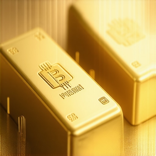 Futuristic digital interface showing AI and blockchain technology applied to gold trading