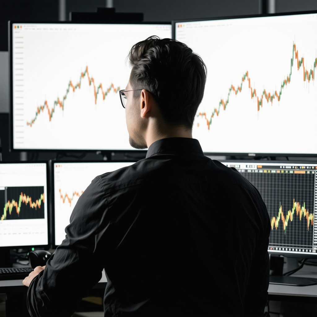 Trader working with advanced AI data visualizations and neural network diagrams for gold futures