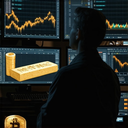 Futuristic analyst reviewing gold and cryptocurrency data on digital screens