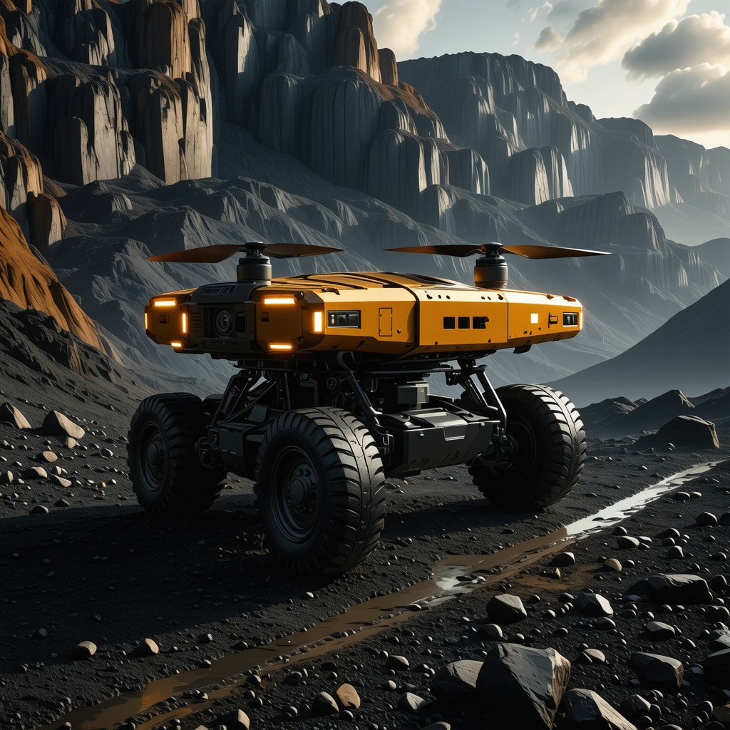 Futuristic gold mining scene with AI and drone technology highlighting innovation and sustainability
