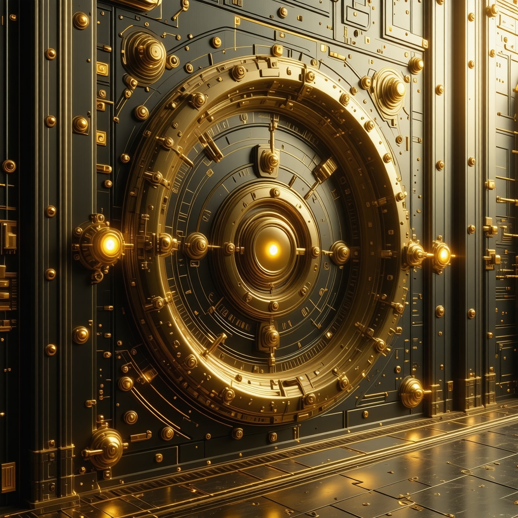 High-tech gold vault with biometric and blockchain security in a futuristic setting