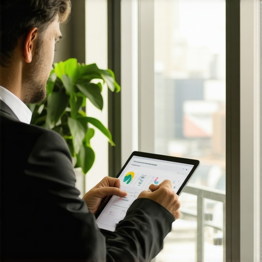Trader analyzing complex gold derivatives and sustainability reports in a high-tech office environment