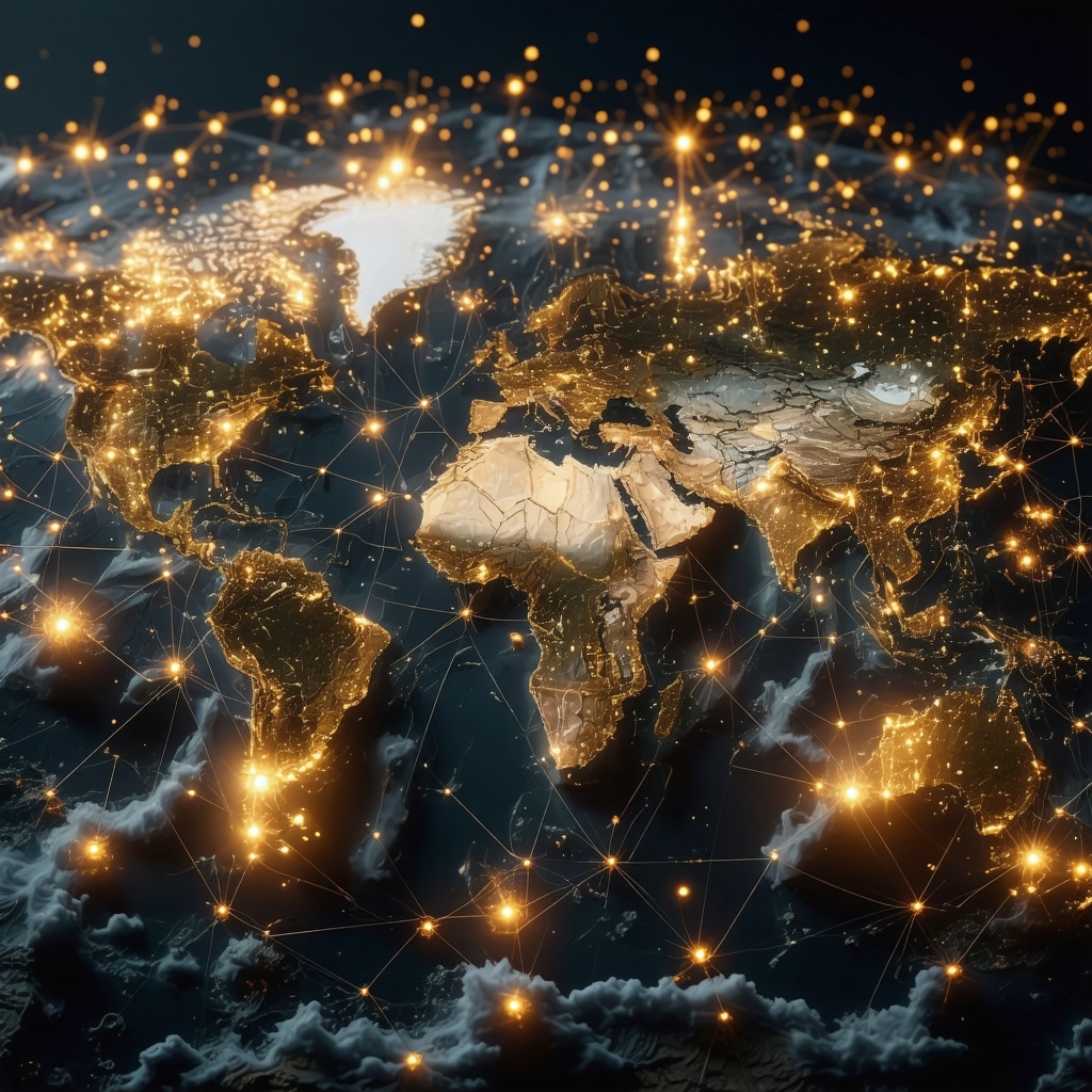 Blockchain network tracking gold provenance from mine to consumer, illustrating transparency and security.