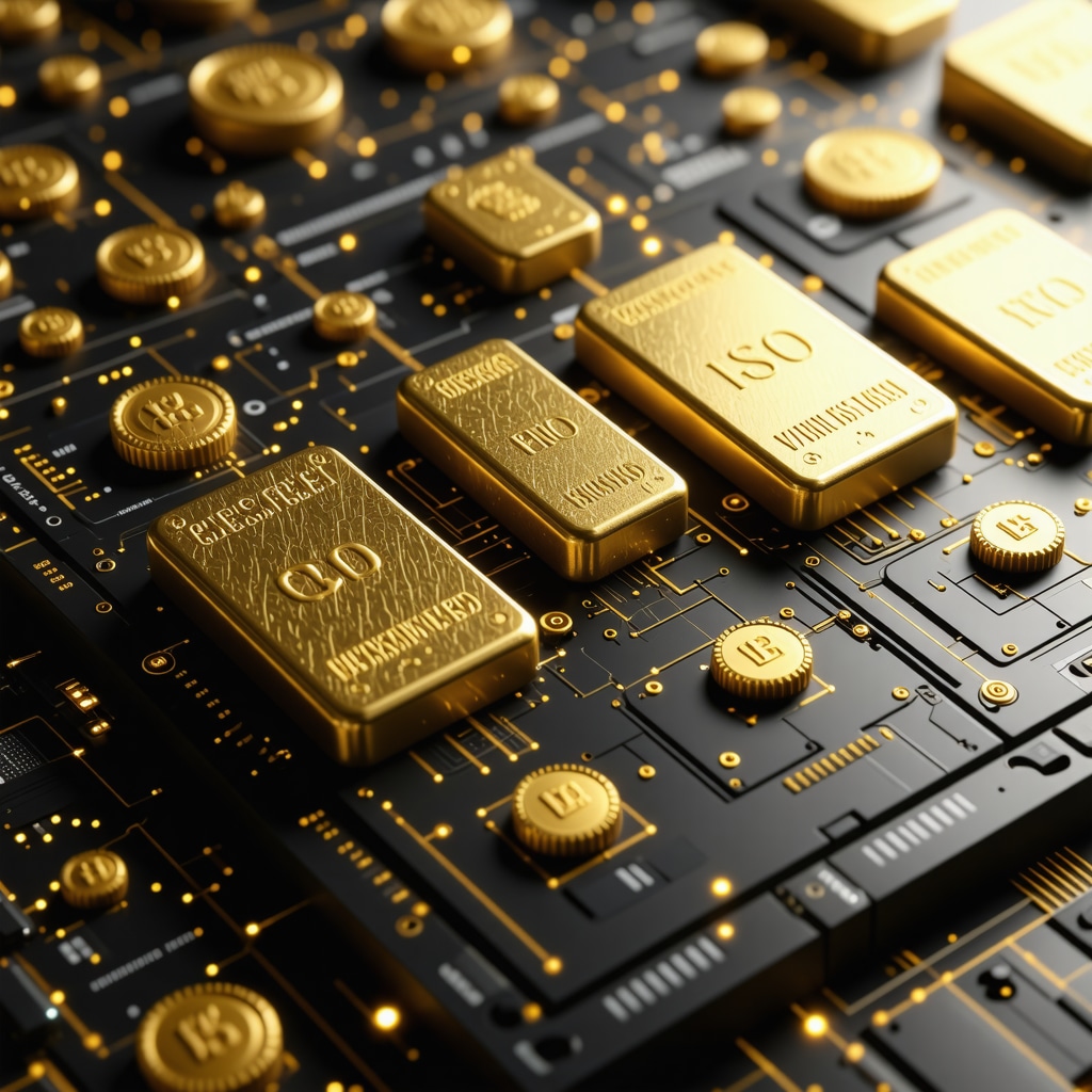 Futuristic digital gold trading interface with blockchain elements