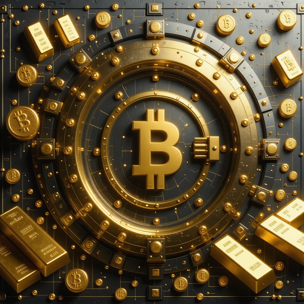 Futuristic digital vault with gold bars and blockchain symbols representing digital gold investments.