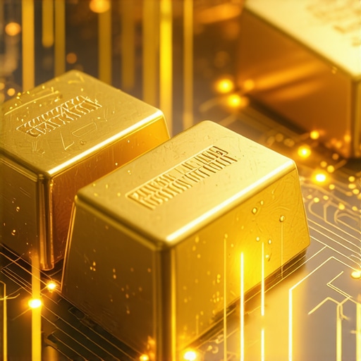 High-tech digital blockchain ledger verifying gold authenticity
