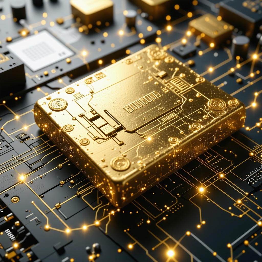Digital illustration of blockchain and AI systems verifying gold provenance