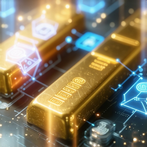 Blockchain ledger with gold bars and AI symbols showing transparency in gold sourcing