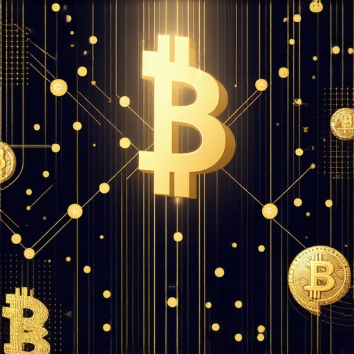 Futuristic illustration of blockchain technology connecting with gold investment symbols