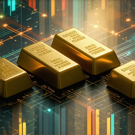Illustration of blockchain technology overlaying gold bars and global financial charts.