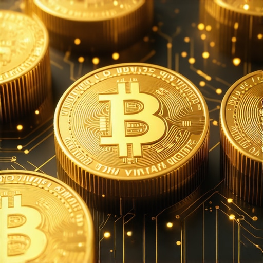 Futuristic digital gold tokens representing blockchain-secured assets