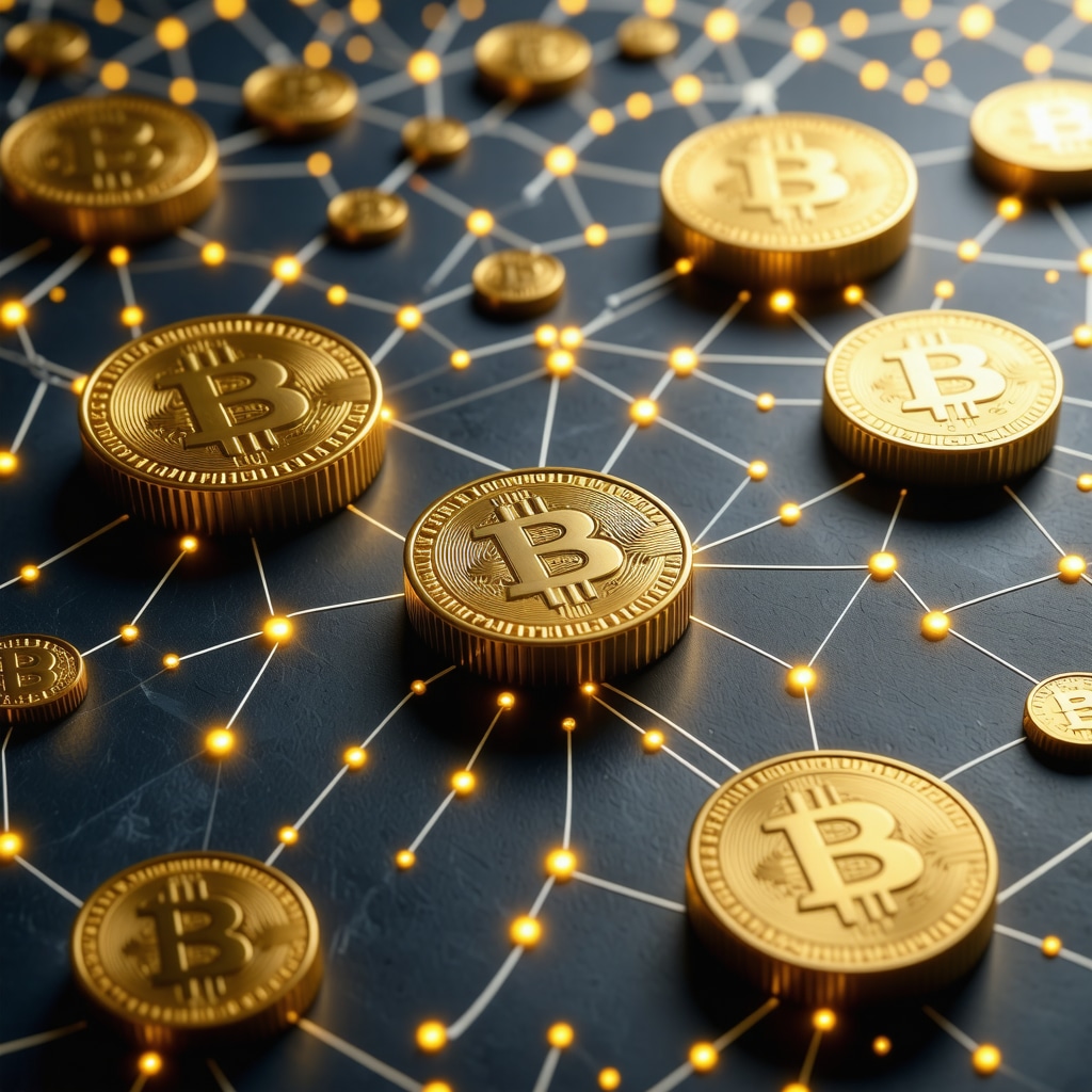 Digital illustration of blockchain network with gold tokens representing secure, transparent gold ownership