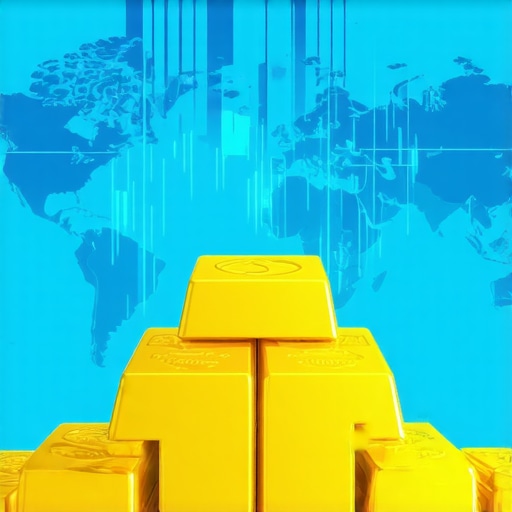 Illustration of central banks stacking gold bars with global economic symbols in background