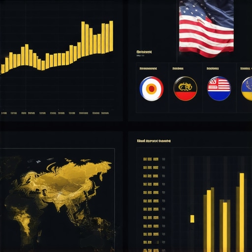 A futuristic data dashboard showing gold price trends and geopolitical data