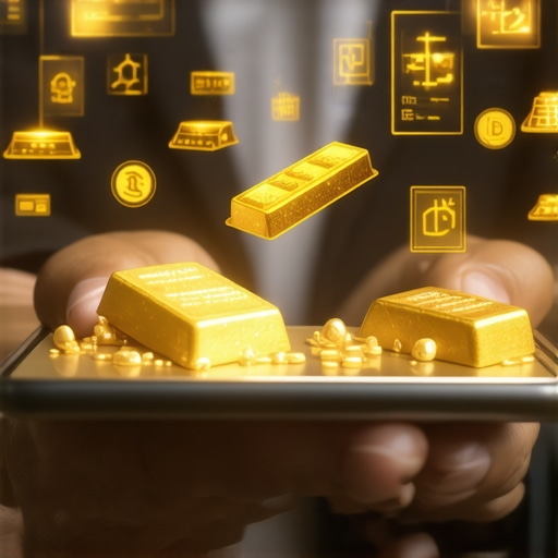 Investor managing digital gold portfolio on a smartphone with blockchain symbols and gold bars
