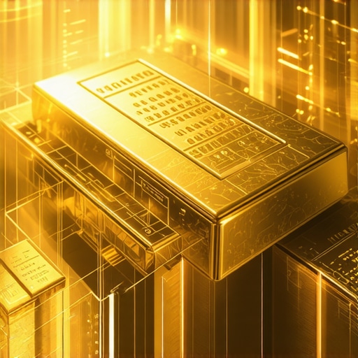 Futuristic digital interface showing gold trading with blockchain and AI