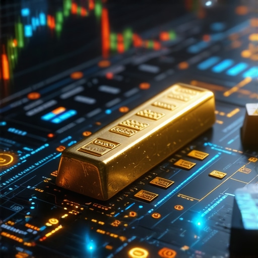 Futuristic digital gold trading interface showing blockchain technology.